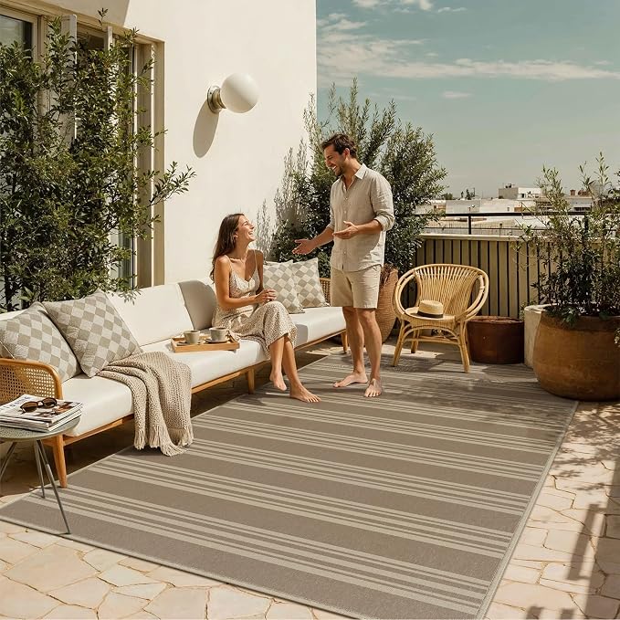 PureCozy Outdoor Rug 5x7 Washable Striped Jute Look Non Slip Carpet | Khaki Stripe Farmhouse Style, Indoor Outdoor Area Rug for Patio, Living Room, Dining Room, Non Shedding, Neutral Rugs