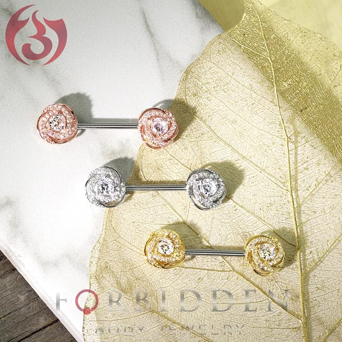 Forbidden Body Jewelry Ultra Glam CZ Swirl Halo Frame Surgical Steel Nipple Barbells