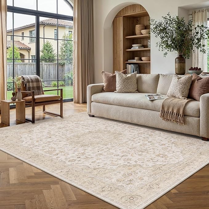 PureCozy 5x7 Area Rug Washable Neutral Beige Brown Vintage Floral | Non Slip, Soft Low Pile, Indoor Carpet for Bedroom, Living Room, Dining Room, Farmhouse Decor