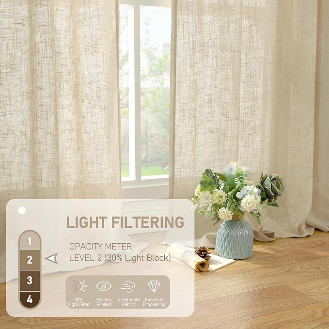 LAMIT Sheer Linen Curtains 63 Inches Long, Semi Sheer Light Filtering Panels Back Tab and Rod Pocket Small Cafe Drapes for Basement/Window/Loft Room, Linen, 2 Panels, 34 x 63 Inch