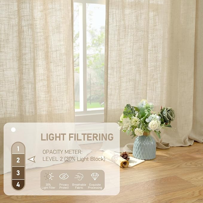 LAMIT 24 Inch Cafe Linen Curtains for Kitchen Window, Semi Sheer Light Filtering Short Curtains Back Tab and Rod Pocket Neutral Drapes for Bathroom/Basement, 2 Panels, Linen, 34 x 24 Inch