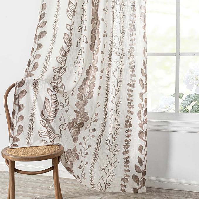 MEETSKY Boho Curtains for Bedroom Linen Style Boho Curtains 84 Inches Long 2 Panels Brown Semi Sheer Privacy Protection Drapes for Living Room Printed Window Treatment, 50x84 Inch