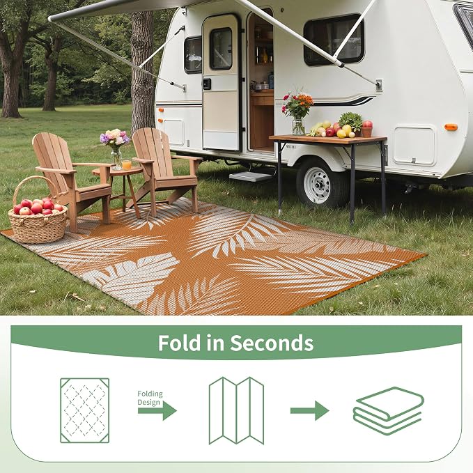 GENIMO Outdoor Rug, Waterproof Plastic Rugs for Patio, 6'x9' Orange White | Outside Larger Leaf Carpet Mat for Porch Decor, Deck, Balcony, Camping, RV, Backyard, Picnic, Beach, Reversible, Foldable