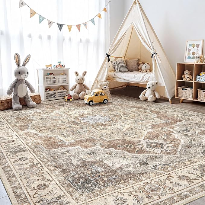 5x7 Washable Area Rug: Vintage Neutral Soft Non Slip Thin Large Floor Carpet for Living Room Bedroom Kitchen Dining Room Home Office Farmhouse Indoor - Beige Brown