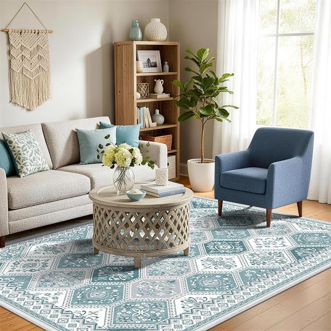 Area Rugs 5x7, Washable Rugs for Living Room, Soft Non-Slip Boho Moroccan Rug, Low-Pile Printed Teal Rug for Bedroom, Dining Room, Playroom -Teal