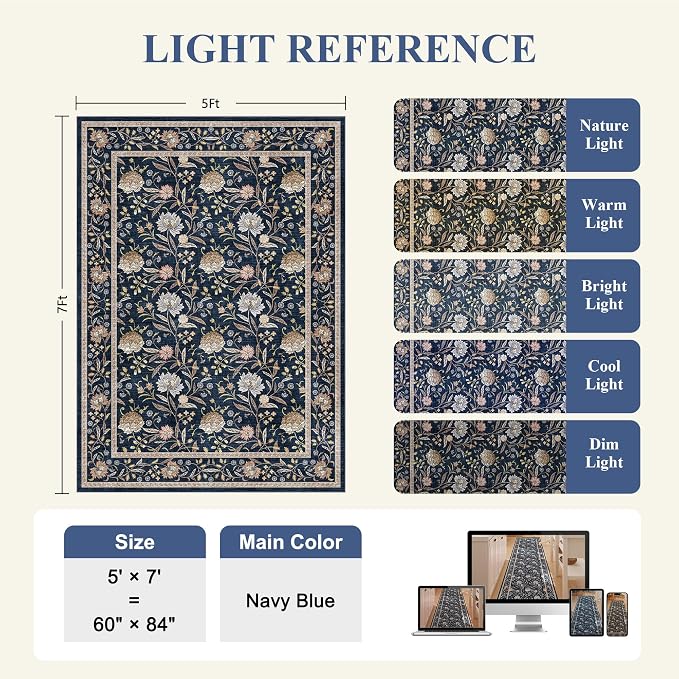 DUKINO 5x7 Area Rug, Vintage Floral Washable Rug for Living Room, Navy Blue | Non Slip, Low Pile, Non-Shedding, Stain Resistant Lightweight Boho Soft Carpet for Bedroom Home Office Dining Room Farmhouse