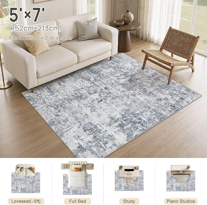cotiled Washable Area Rug 5x7, Non-Slip Soft Neutral Rug for Living Room | Modern Abstract Carpet, Stain Resistant and Kid & Pet Friendly, Ideal For Bedroom, Dining Room, Nursery, Office - Blue/Gery