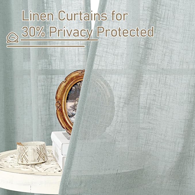 LAMIT Greyish Blue Linen Short Curtains 30 Inch Length, Semi Sheer Light Filtering Window Panels Back Tab and Rod Pocket Drapes for Basement/Small Windows, 25 x 30 Inch, 2 Panels