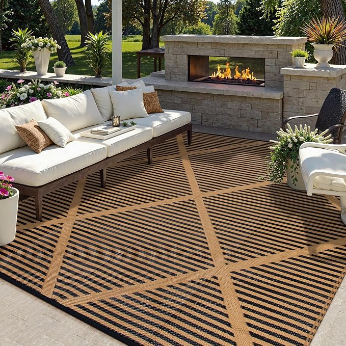 Lahome 9x12 Outdoor Plastic Straw Rug Waterproof, Neutral Reversible Outdoor Patio Rug, Large Portable Outside Camping Mats for Balcony Tent Floor Decor, Brown 9'x12'