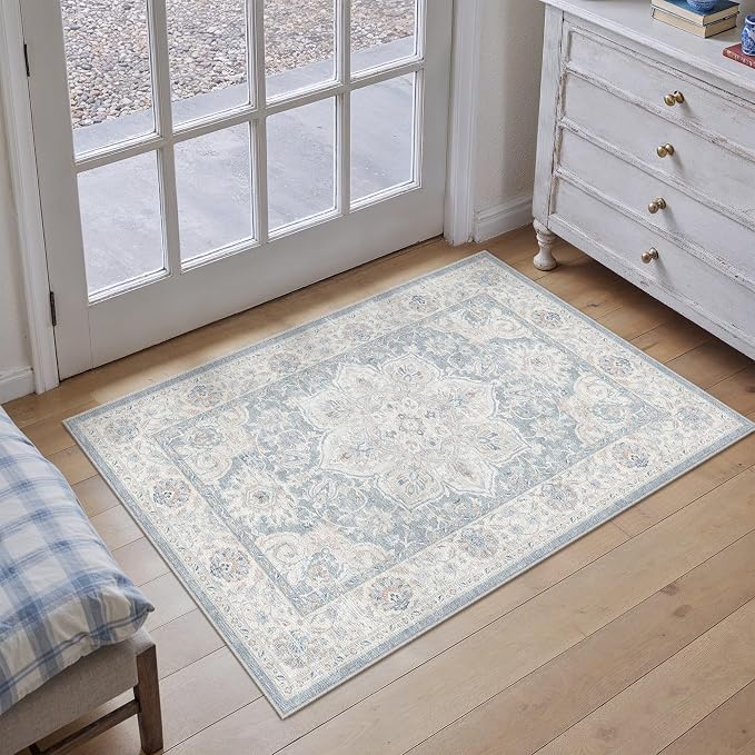 HUGEAR Blue 2x3 Washable Area Rug Vintage Indoor Carpet | Entryway Rug,Hallway,Kitchen,Bedroom,Laundry,Non Shedding,Non Slip,Low Pile,Soft