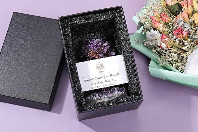 Jovivi Natural Amethyst Healing Crystal Money Tree on Amethyst Cluster Geode Druzy Base Feng Shui Crystals for Home Office Desk Decorations, Wealth, Good Luck