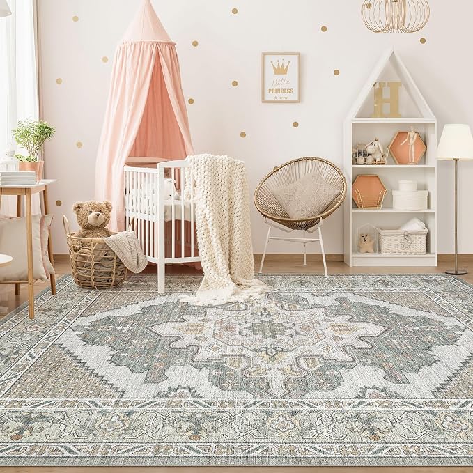 Tortania Area Rug Living Room Rugs - 6x9 Washable Boho Rug Vintage Oriental Distressed Farmhouse Large Thin Indoor Carpet for Living Room Bedroom Under Dining Table Home Office - Sage Green