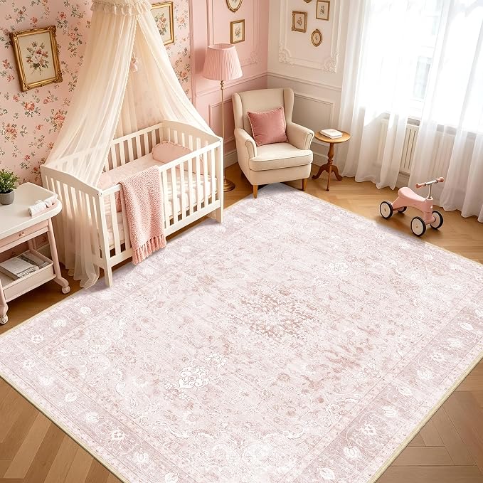 Pink Living Room Rugs 8x10, Neutral Vintage Boho Carpet for Bedroom Nursery | TTelephant Washable Low Pile Indoor Area Rug with Non-Slip Silicone Backing, Non-Shedding Thin