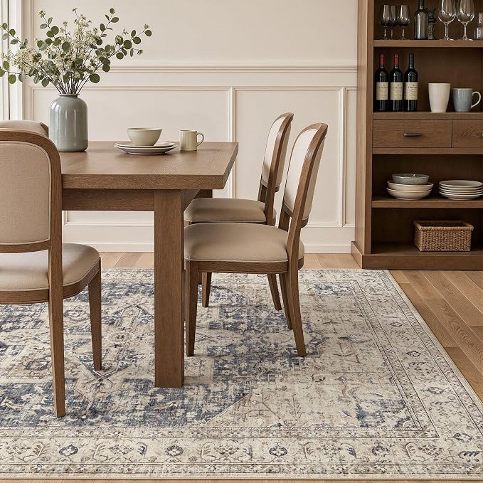 Tortania Area Rug Living Room Rugs - 5x7 Washable Boho Rug Vintage Oriental Distressed Farmhouse Large Thin Indoor Carpet for Living Room Bedroom Under Dining Table Home Office - Cream Blue