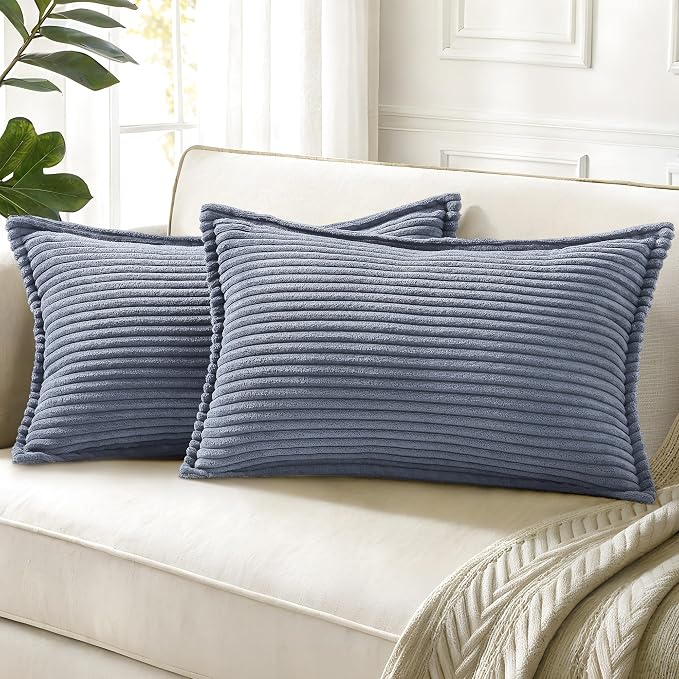 decorUhome Fall Corduroy Blue Grey Throw Pillow Covers 12x20 Set of 2 | Lumbar Couch Decorative Soft Modern Boho Farmhouse Pillow Covers Broadside Striped Pillow Cases for Living Room Bed Sofa