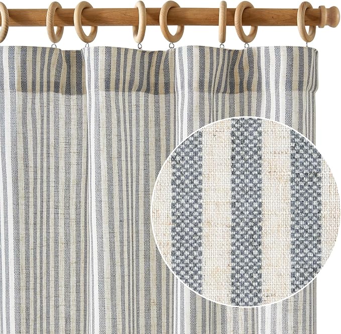 jinchan Linen Curtains 84 Inch Blue Stripe on Beige Back Tab 2 Panels | Curtains For Living Room Bedroom,Ticking Stripe, Farmhouse Cottage Core Rustic,Rod Pocket Window Treatment,Light Filtering