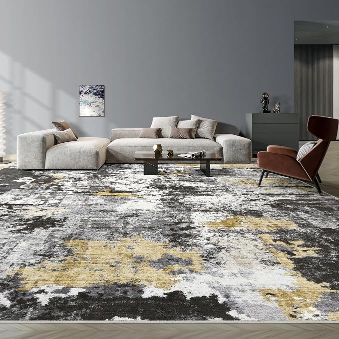 Abstract 12x14 Area Rug: Machine Washable Non Slip Ultra Thin Low-Pile Carpet, Soft Stain Resistant for Living Room Bedroom Office, Kid Pet Friendly, Robot Vacuum Compatible - Black Gold