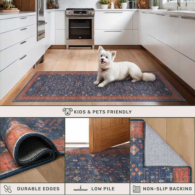 Hazo Haus Dining Room Rugs for Under Table - 6x8 Washable Area Rug for Living Room, Low Pile Non-Slip Rugs for Bedroom - Navy Blue & Terracotta Vintage Boho Eclectic Home Decor