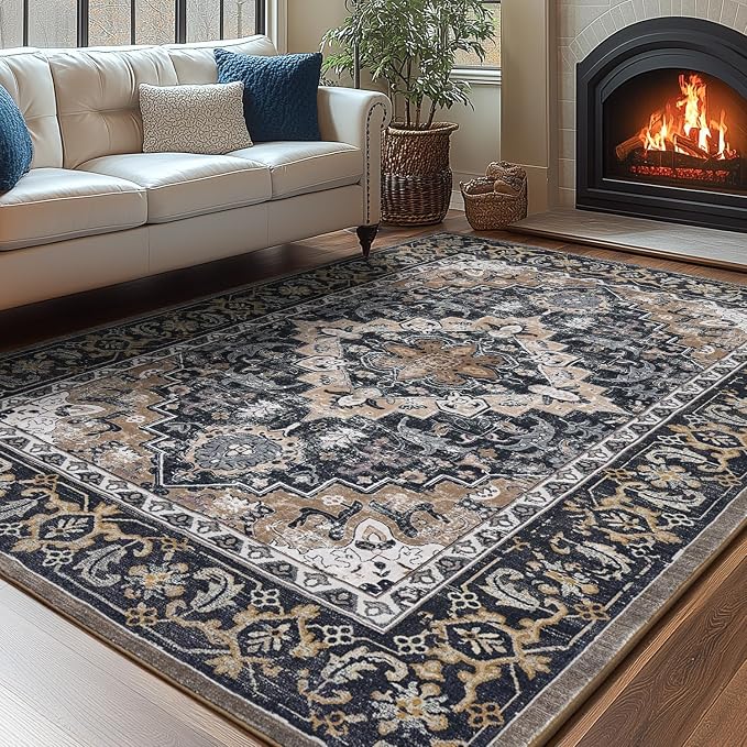 Lessymo Area Rugs 6x9, Machine Washable Area Rug, Super Soft Faux-Wool Area Rugs for Living Room Bedroom Kitchen, Boho Vintage Floral, Non-Slip Low Pile, Kid & Pet Friendly, Black Brown