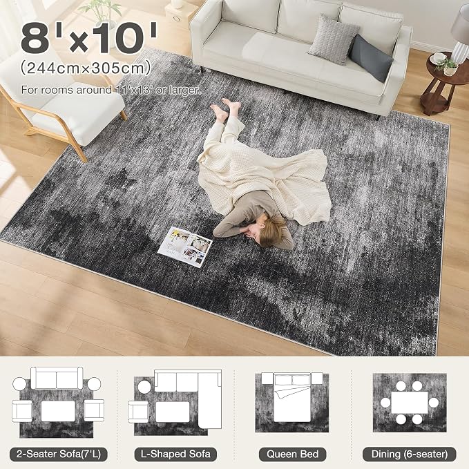 DMOYEST 8x10 Area Rug for Living Room, Washable & Non Slip Large Indoor Carpet, Kid & Pet Friendly Soft Thin Low Pile Abstract Rug for Bedroom and Office - Dark Grey Blue