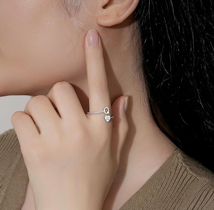Step Forward 925 Sterling Silver Adjustable Initial Ring for Women | Non Tarnish Letter Rings for Lady | Alphabet Heart Thumb Rings | Capital Letter Jewelry Gifts