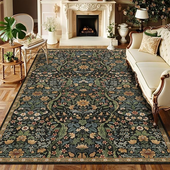 5×8 Area Rugs Black Brown Washable Floral Rug,Vintage Boho Soft Low-Pile Living Room Rugs, Stain Resistant Botanical Non-Slip Carpet for Bedroom,Dining Room, Kids Nursery,Home Decor