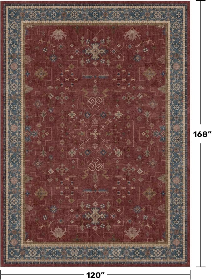 Hazo Haus Moroccan Big Rugs for Living Room - Dark Red 10x14 Area Rug for Large Bedroom, Dining Room, Washable Lightweight Low Pile Foldable Oriental Burgendy Home Décor