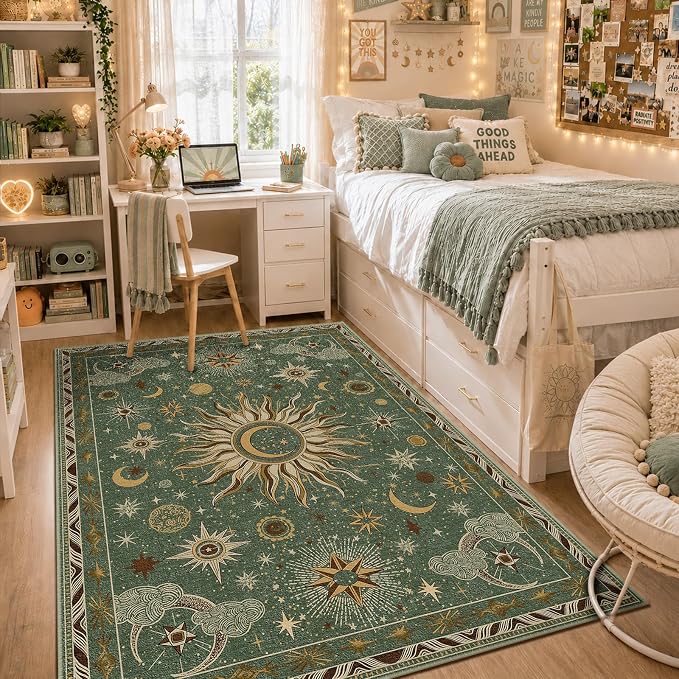 Vacuum-Friendly, 5x7 Washable Area Rug, Green Brown | Sun and Moon Boho Gothic Non-Slip Low Pile Living Roon Bedroom Dining Room Kitchen Entry Entryway Entrance Hallway Doormat