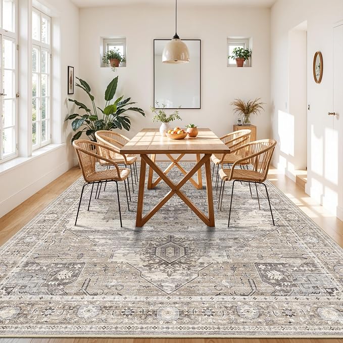 RUUGME 9x13 Large Area Rug for Living Room Vintage Oriental Washable Beige | Soft Low Pile Non Slip Non Shedding Bedroom Dining Room Office Farmhouse Easy Care