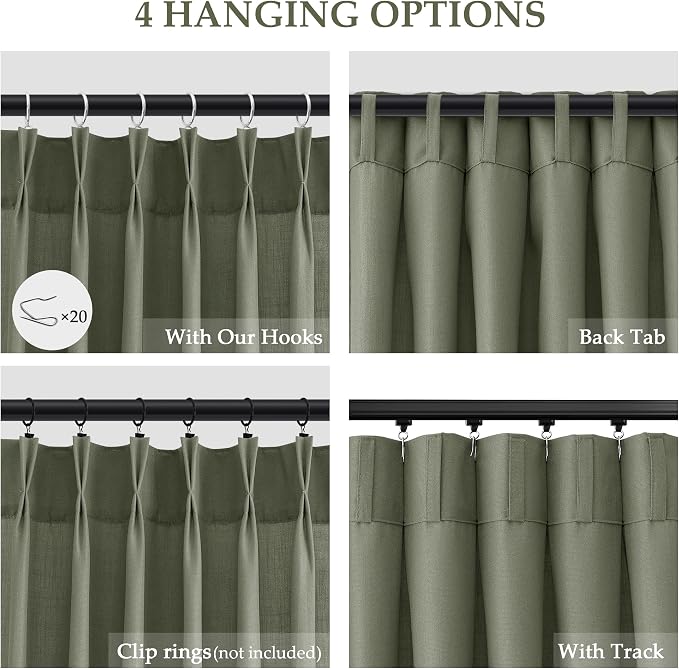 Aersas Forest Green Pleated Linen Curtains 102 Inches Long 2 Panels Set for Living Room Bedroom Neutral Farmhouse Back Tab Semi Sheer Pinch Pleat Ceiling Floor 102 Inch Large Window Curtain