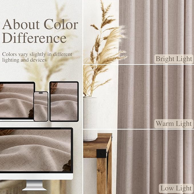 Oatmeal Linen 102 Inch Long Curtains for Living Room 2 Panels Back Tab Pocket Semi Sheer Light Filtering Curtains Bohemian Rustic Solid Color Drapes for Sliding Glass Door Bedroom 40x102 Inches