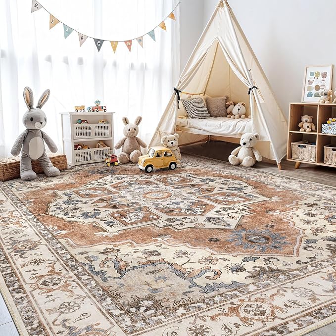 5x7 Washable Area Rug: Vintage Neutral Soft Non Slip Thin Large Floor Carpet for Living Room Bedroom Kitchen Dining Room Home Office Farmhouse Indoor - Brick Red
