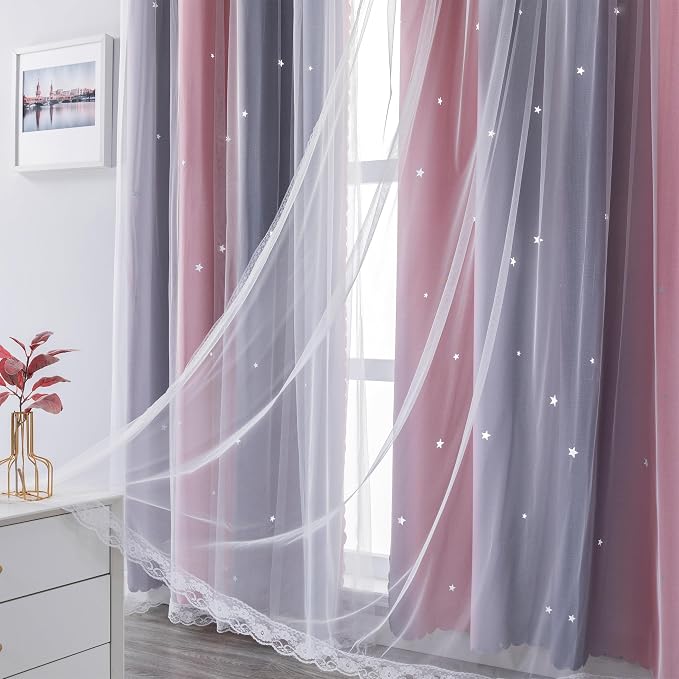 XiDi Ombre Gray and Pink Blackout Curtains for Girls Bedroom 72 Inch Length 2 Panels,Grommet Window Drapes for Kids Room Decro Pink Grey