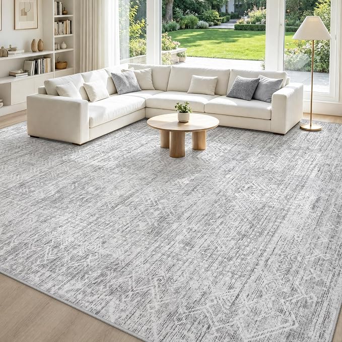 8x10 Area Rug for Living Room, Washable Moroccan Geometric Rug Soft Non-Slip Rubber Vintage Boho Large Rug, Low Pile Farmhouse Carpet for Bedroom Dining Room Nursery Modern Office (Gray, 8'x10')