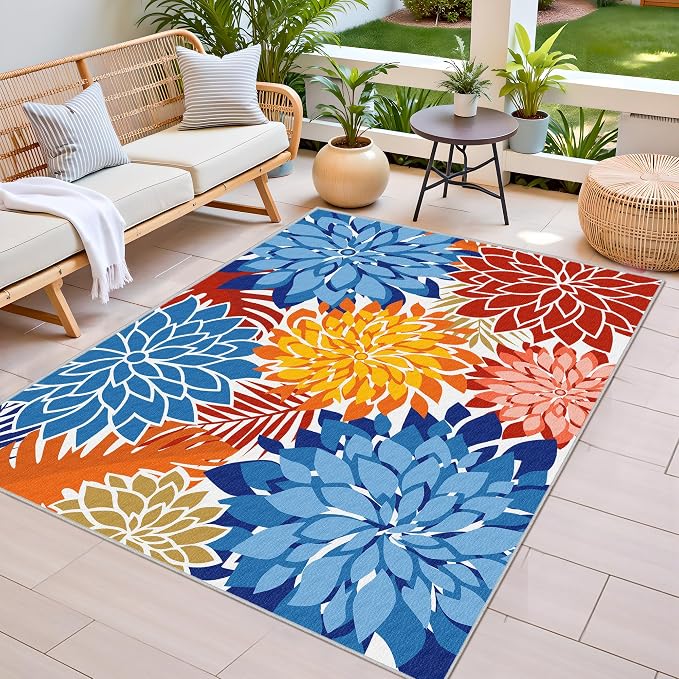 Colorful 8x10 Outdoor Area Rug Washable Multicolored Patio Rug Tropical Botanical Floral Chenille Waterproof Outdoor Carpet Non-Slip for Deck, Backyard, Porch, Vivid Dahlia
