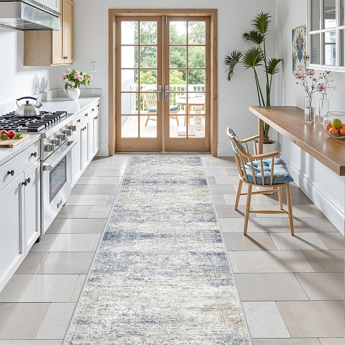 2x8 Runner Rug Non Slip,Washable Hallway Runner Rug,Blue | Neutral Rugs for Kitchen,Entryway,Bedroom,Bathroom,Nursery Room,Thin,Soft Runner Rug,Stain Resistant Indoor Carpet