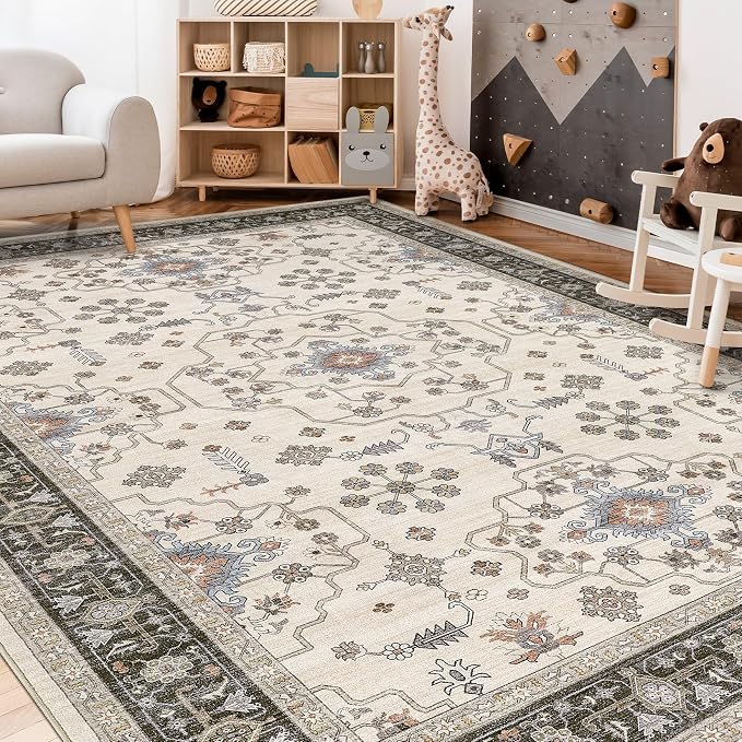 8x10 Area Rugs for Living Room - Large Carpet Ultra Thin Soft Washable Oriental Vintage Floral Distressed Big Indoor Carpets for Bedroom Nursery Dorm Home Decor Aesthetic - Brown Black