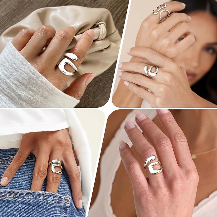Gelbesty Waterproof Gold Statement Rings for Women, 14K Gold Plated Chunky Open Stackable Rings Non Tarnish Fashion Adjustable Stainless Steel Pinky Knuckle Signet Vintage Ring Jewelry Size 5-11