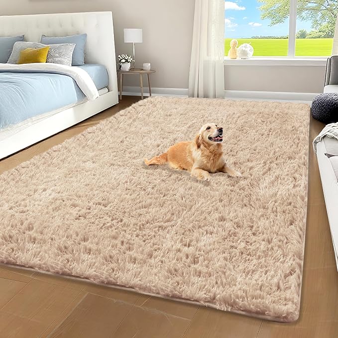 Beige Fluffy Shag Area Rug for Bedroom Living Room Nursery, 4x6 | Ultra Soft Comfy, Fuzzy Shaggy Plush Carpet for Kids Boys Girls Teen Dorm, Modern Indoor Home Decor, Upgrade Non-Slip