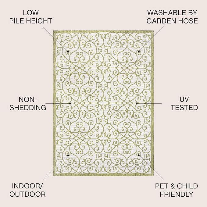 JONATHAN Y Vintage Filigree Indoor Outdoor Area Rug 8X10 Green/Cream, Madrid Textured Weave for Backyard, Patio, Porch, Easy-Cleaning, High Traffic, Pet-Friendly, Non-Shedding (SMB107H-8)