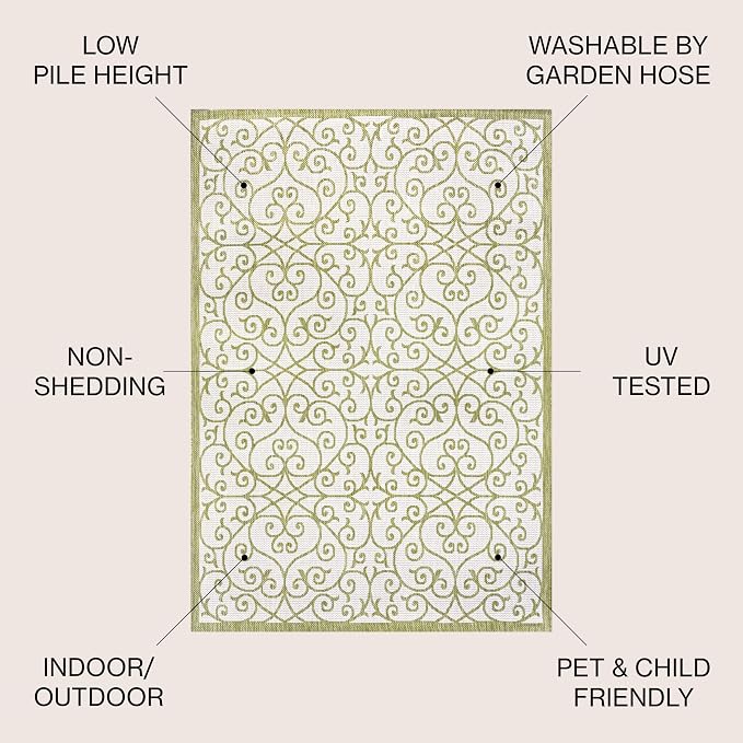 JONATHAN Y Vintage Filigree Indoor Outdoor Area Rug 4X6 Green/Cream, Madrid Textured Weave for Backyard, Patio, Porch, Easy-Cleaning, High Traffic, Pet-Friendly, Non-Shedding (SMB107H-4)