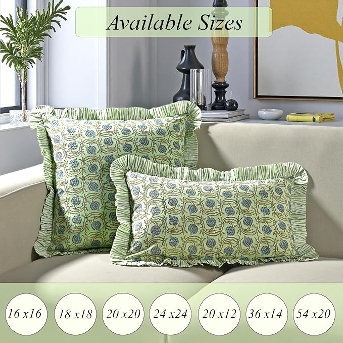 Ridhi Block Print Apple Green Floral Throw Pillow Cover 20" x 20" (Pack of 2) Decorative Cushion Covers with Ruffle for Couch, Sofa, Bed, Living Room, Home Decor Gift for Spring, Easter, Valentine