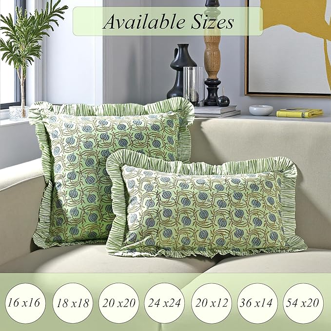 Ridhi Block Print Apple Green Floral Throw Pillow Cover 18" x 18" (Pack of 2) Decorative Cushion Covers with Ruffle for Couch, Sofa, Bed, Living Room, Home Decor Gift for Spring, Easter, Valentine