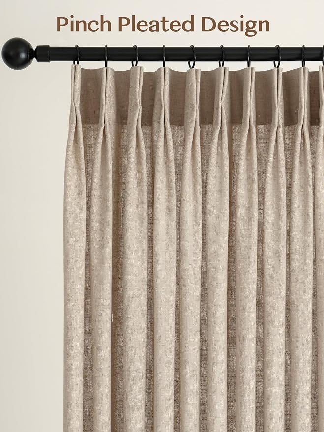 Liz Pinch Pleated Linen Curtains Light Filtering Curtains for Living Room, Farmhouse Window Curtains for Bedroom, Modern Drapes with Hooks and Rings, 90 Inches Long, Burlywood Birch, 2 Panels Set