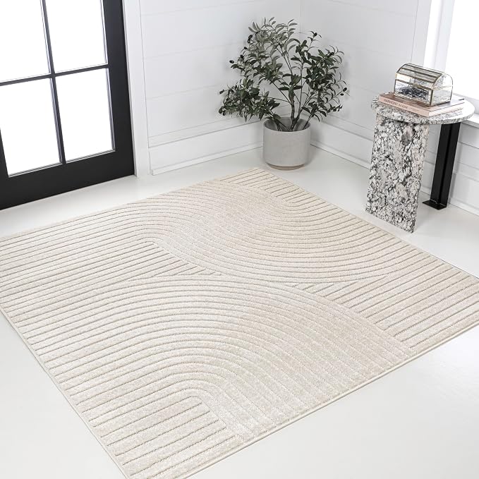 JONATHAN Y Hallie High-Low Curve Ivory/Cream 9x9 Square Indoor/Outdoor Area Rug, Minimalist, Pet Friendly, Non-Shedding, Stain Resistant, Hose-Washable for Backyard, Patio, Porch (SCN100B-9SQ)