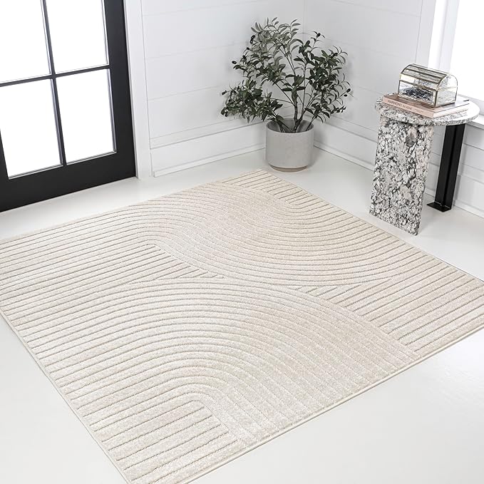 JONATHAN Y Hallie High-Low Curve Ivory/Cream 5x5 Square Indoor/Outdoor Area Rug, Minimalist, Pet Friendly, Non-Shedding, Stain Resistant, Hose-Washable for Backyard, Patio, Porch (SCN100B-5SQ)