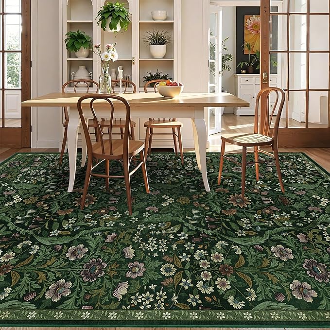 5×8 Area Rugs Dark Green Washable Floral Rug,Vintage Boho Soft Low-Pile Living Room Rugs, Stain Resistant Botanical Non-Slip Carpet for Bedroom,Dining Room, Kids Nursery,Home Decor