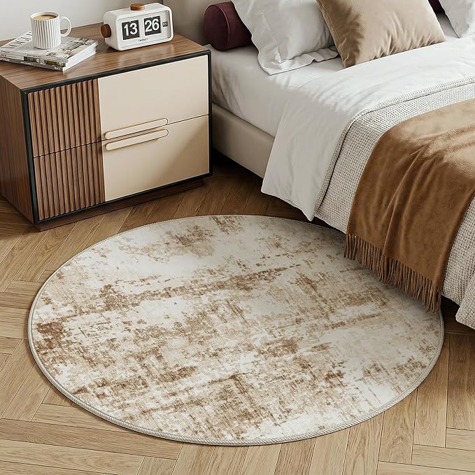 FMFUNCTEX 4ft Round Washable Area Rug Brown Beige Abstract Modern Neutral Small Non Slip Carpet for Living Room Bedroom Soft Low Pile Indoor Mat Retro Thin Throw Rug for Dining Room Kitchen Office
