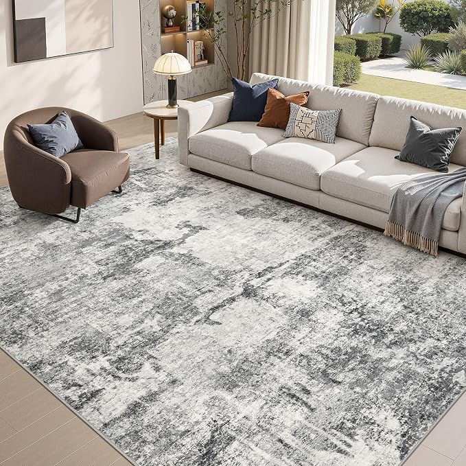 DMOYEST 10x14 Area Rug for Living Room, Washable & Non Slip Large Indoor Carpet, Kid & Pet Friendly Soft Thin Low Pile Abstract Rug for Bedroom and Office - Grey
