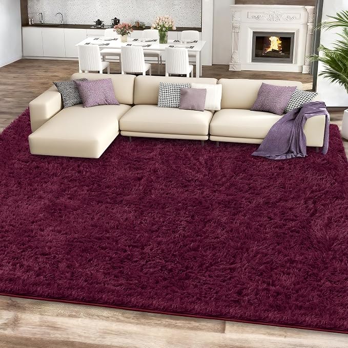 9x12 Burgundy Fluffy Shag Area Rugs for Living Room Bedroom Girls | Ultra Soft Comfy, Large Fuzzy Shaggy Plush Carpet for Nursery Kids Dorm, Modern Indoor Home Decor, Upgrade Non-Slip